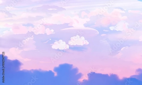 Soft pink and purple watercolor clouds in a dreamy sky.