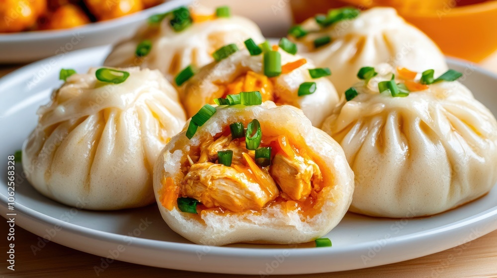 Steamed buns filled with savory chicken, garnished with green onions, beautifully arranged on a plate. Steamed buns filled with savory chicken, garnished with green onions, beautifully arranged on a plate.