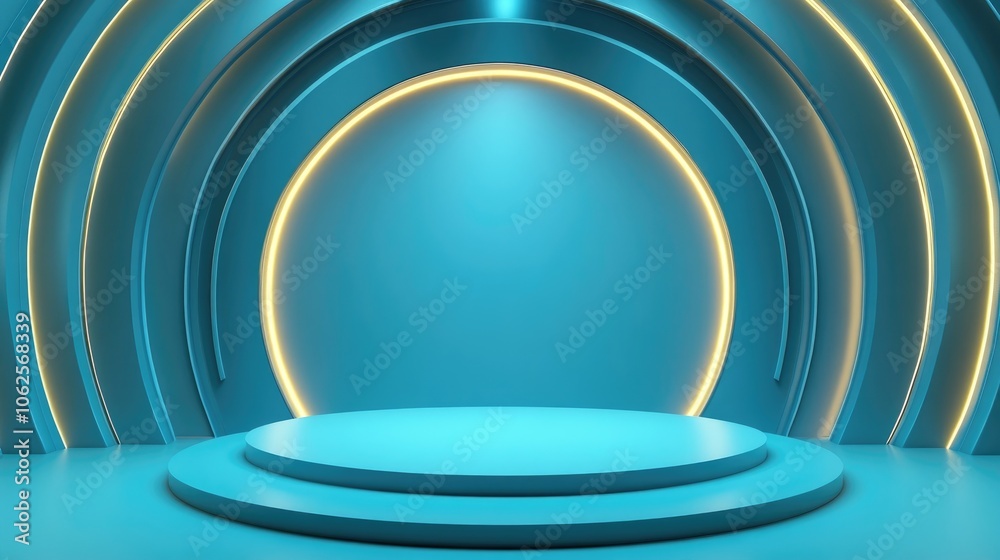 Fototapeta premium Abstract Blue Circular Platform with Yellow Neon Lights