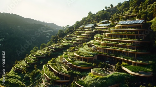 Drone photography of a futuristic eco-village on a hillside with tiered solar farms and vertical gardens, blending with the natural landscape, 4k resolution photo