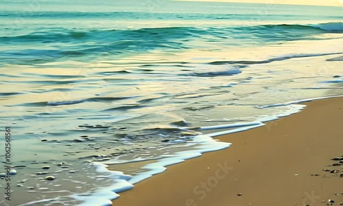 Soft, turquoise wave breaking on a sandy beach.