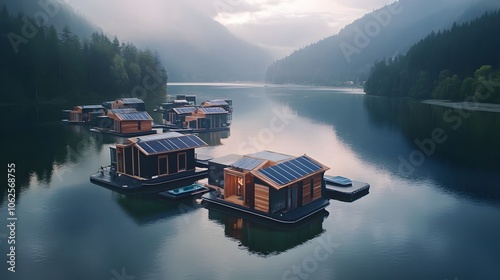 Drone photography of a floating eco-village on a serene lake, with houses built from sustainable materials and powered by solar panels, 4k resolution photo