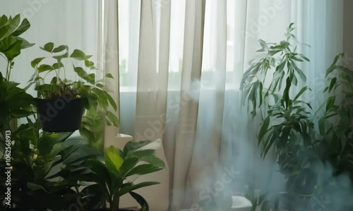 Steam rising from an indoor humidifier in a modern living room with a wooden chair and plants.