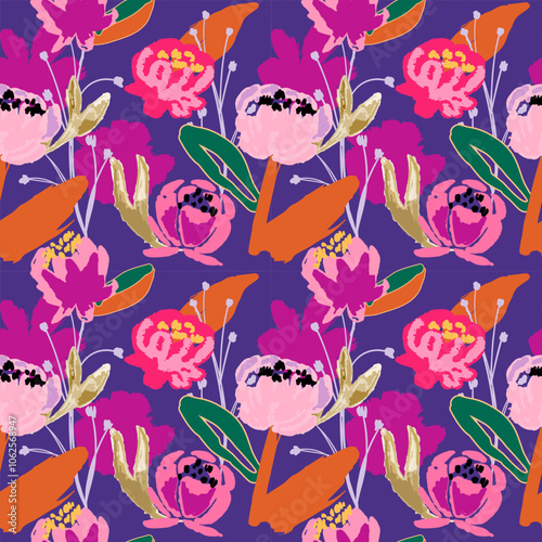 Bright Abstract Floral painting Background. Watercolor or gouache feminine seamless pattern.