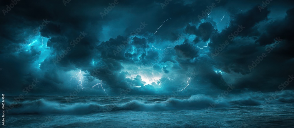 Dramatic stormy sky with lightning strikes over a turbulent ocean. Dramatic stormy sky with lightning strikes over a turbulent ocean.