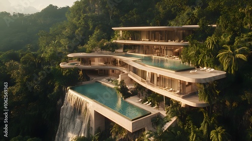 Drone photography of an expansive mansion with infinity pools cascading down multiple terraces, surrounded by a lush forest landscape, 4k resolution photo