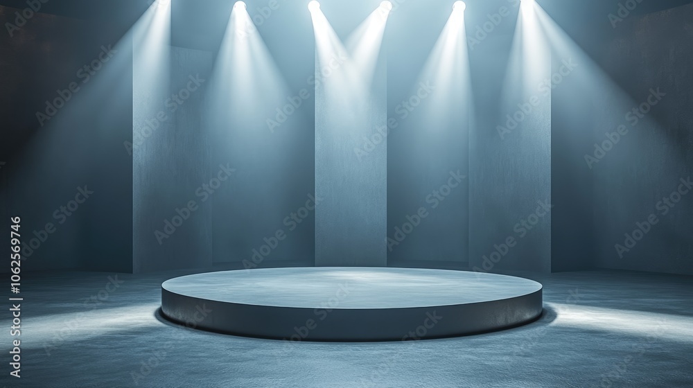 A Circular Platform Illuminated by Spotlights in a Dark Room A Circular Platform Illuminated by Spotlights in a Dark Room