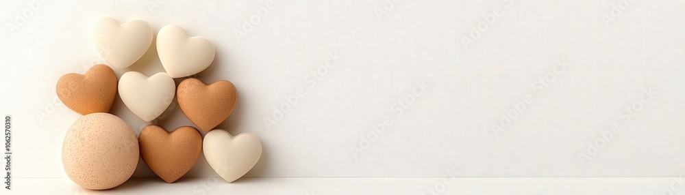 Obraz premium White and Beige Heart Shapes and Egg on White Background Minimalist Love Concept