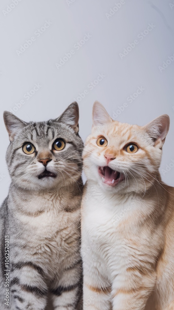 Black and White Cat with Orange Cat Meowing on Light Gray Background Black and White Cat with Orange Cat Meowing on Light Gray Background