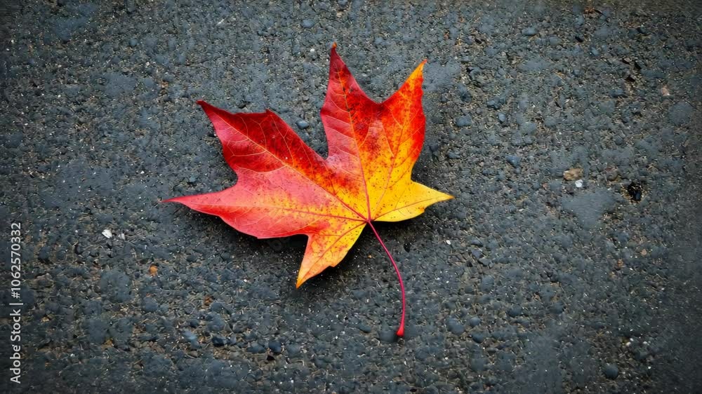 A single red and yellow maple leaf lays on a black asphalt road A single red and yellow maple leaf lays on a black asphalt road