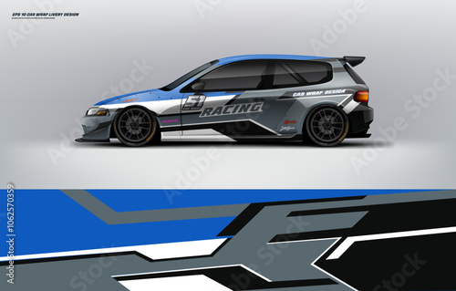 Car branding mockup with racing wrap decal or livery design, Hatchback wrap design with blue black and white background. Hatchback and sedan vector ready print printable file