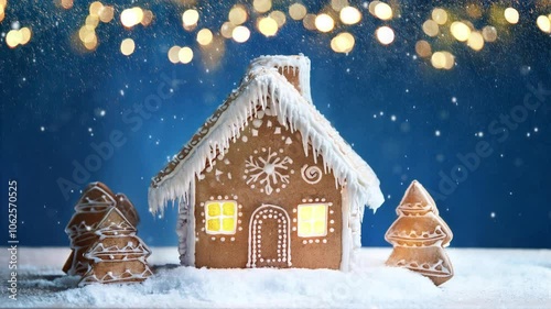 Winter Wonderland: Gingerbread House and trees in the Snow 