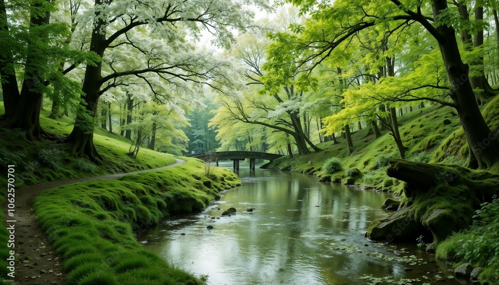 Peaceful scene of a gentle river winding through a blossoming forest, evoking calmness and renewal Peaceful scene of a gentle river winding through a blossoming forest, evoking calmness and renewal