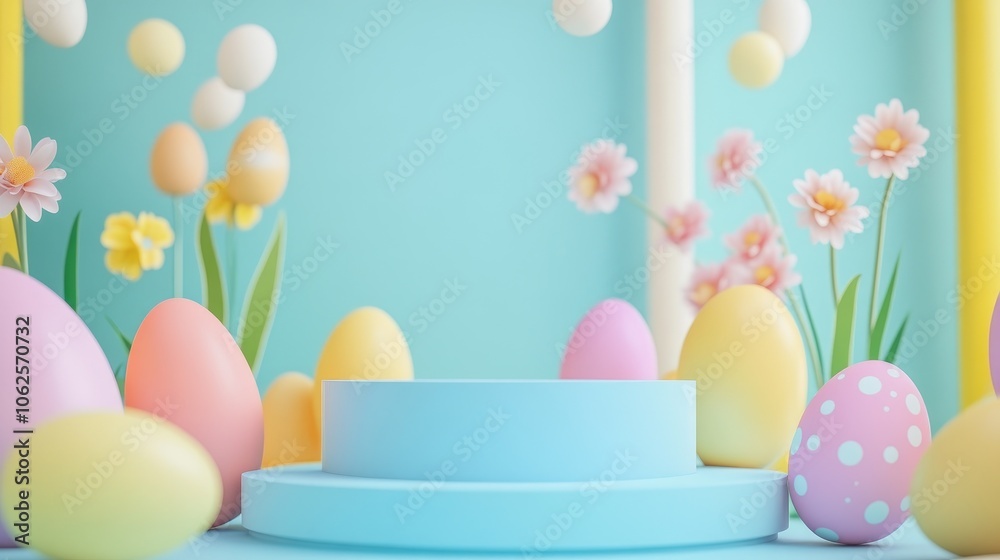 Colorful Easter Eggs and Flowers Surrounding a Blue Platform Colorful Easter Eggs and Flowers Surrounding a Blue Platform