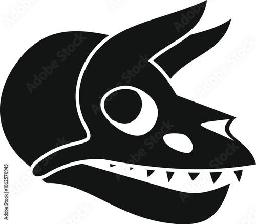 Side view of a stylized dinosaur skull silhouette, featuring prominent horns and sharp teeth, evoking a sense of prehistoric power and ferocity