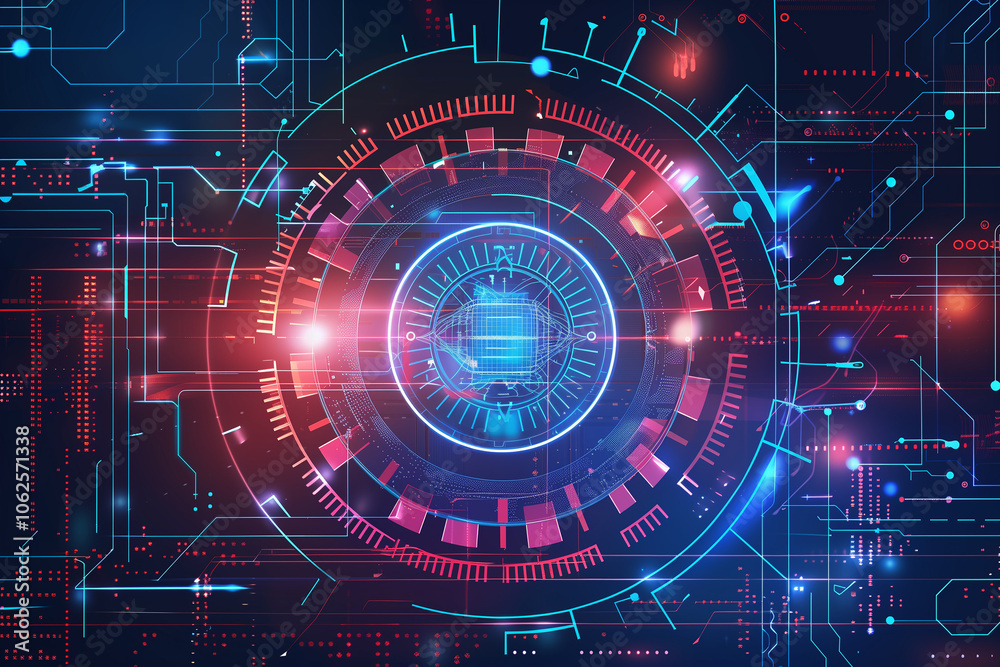 Advanced tech background with red and blue holographic HUD elements, cascading coding lines, and glowing circuits, creating a digital sci-fi feel.