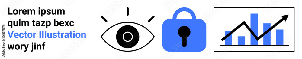 Eye symbol indicating visibility, blue padlock representing security, and upward-trending graph icon against bars. Ideal for technology, web design, cybersecurity, e-commerce, data analysis, digital Eye symbol indicating visibility, blue padlock representing security, and upward-trending graph icon against bars. Ideal for technology, web design, cybersecurity, e-commerce, data analysis, digital