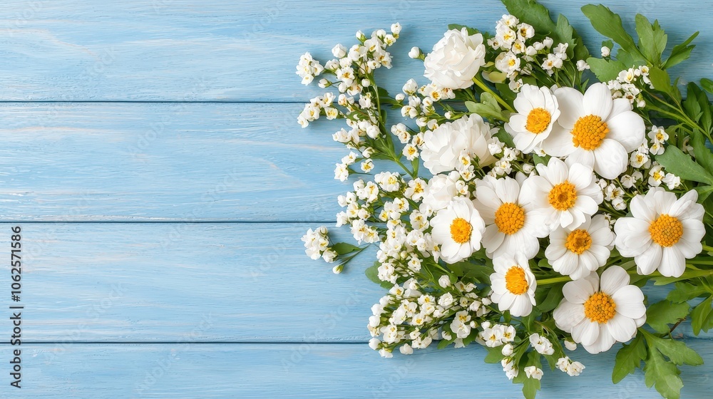 White Daisies and Flowers on Blue Wooden Background Spring Floral Arrangement White Daisies and Flowers on Blue Wooden Background Spring Floral Arrangement