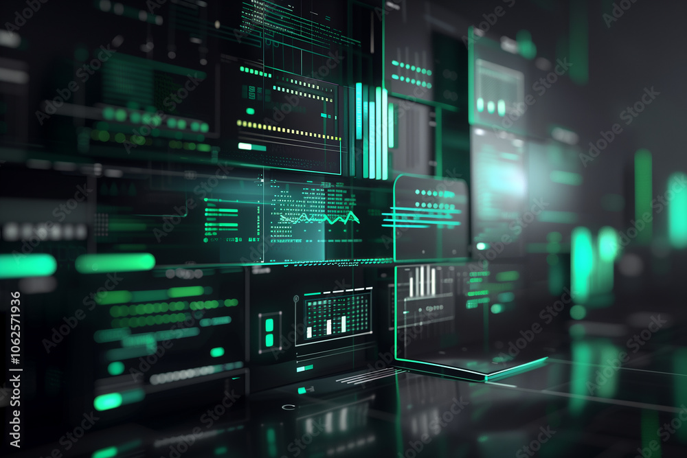 Futuristic wallpaper featuring floating panels of data with virtual elements, green code strings, and holographic light effects against a black background. Futuristic wallpaper featuring floating panels of data with virtual elements, green code strings, and holographic light effects against a black background.