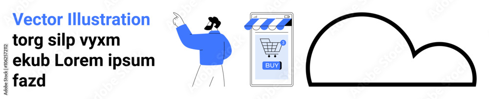 Man pointing towards a storefront with a striped awning and a shopping cart icon, adjacent to a large cloud symbol. Ideal for e-commerce, cloud services, online shopping, digital marketing, data Man pointing towards a storefront with a striped awning and a shopping cart icon, adjacent to a large cloud symbol. Ideal for e-commerce, cloud services, online shopping, digital marketing, data