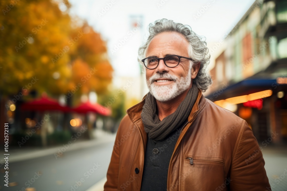 Portrait of a handsome senior man with grey hair wearing glasses and a brown leather jacket in the city.