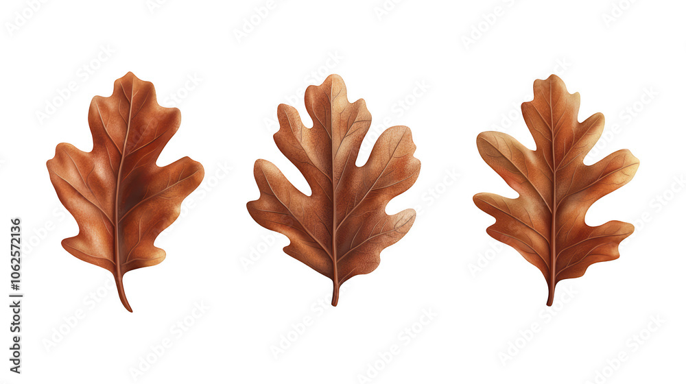 Obraz premium Set of oak leaves illustrating unique shapes and rich autumnal hues, ideal for nature-themed projects, isolated on transparent PNG background