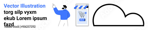 Man pointing towards a storefront with a striped awning and a shopping cart icon, adjacent to a large cloud symbol. Ideal for e-commerce, cloud services, online shopping, digital marketing, data