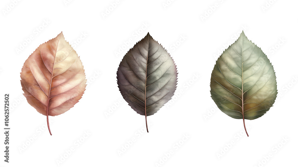 Fototapeta premium Set of rose leaves displaying unique colors and textures that highlight nature's design, isolated on transparent PNG background