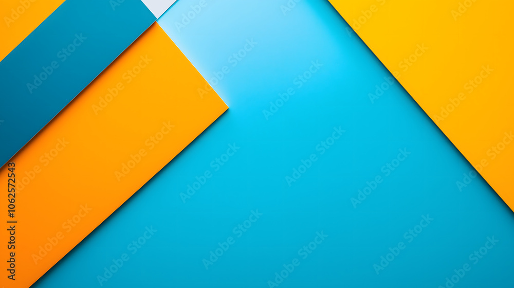 Bright yellow and turquoise shapes overlap on a smooth blue surface, forming an engaging abstract composition that emphasizes color contrast and geometric form.