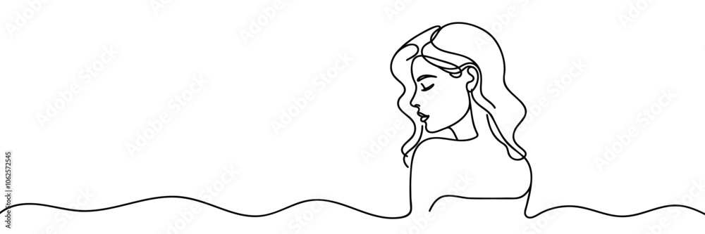 Woman profile with long hair. Portrait female beauty concept. Continuous line drawing vector illustration Woman profile with long hair. Portrait female beauty concept. Continuous line drawing vector illustration