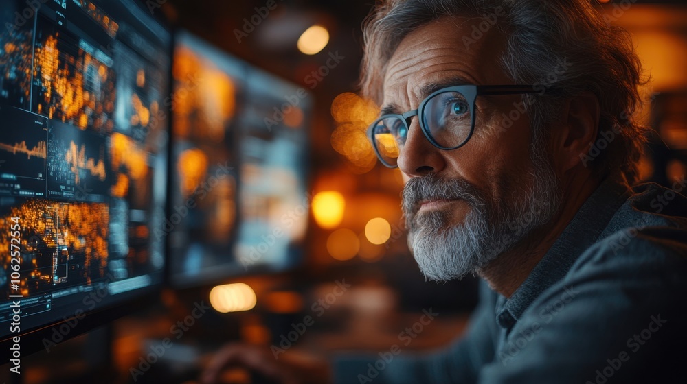 A mature man with a gray beard, wearing glasses, looks intently at a computer monitor filled with data and graphs. A mature man with a gray beard, wearing glasses, looks intently at a computer monitor filled with data and graphs.
