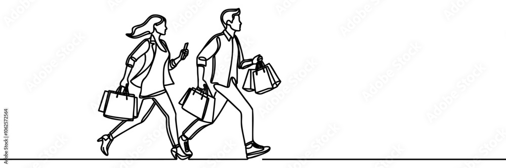 Guy and girl running shopping Continuous one line drawing Guy and girl running shopping Continuous one line drawing