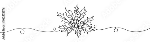 line art drawing holly berry leaves. Modern continuous line art, aesthetic contour. Christmas plant for greeting cards, poster, sticker, logo. Vector illustration