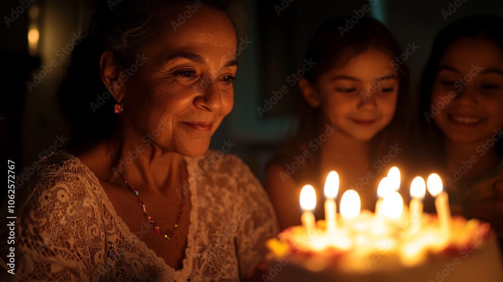 Grandmother celebrates her birthday surrounded by joyful grandchildren and glowing candles at home Grandmother celebrates her birthday surrounded by joyful grandchildren and glowing candles at home
