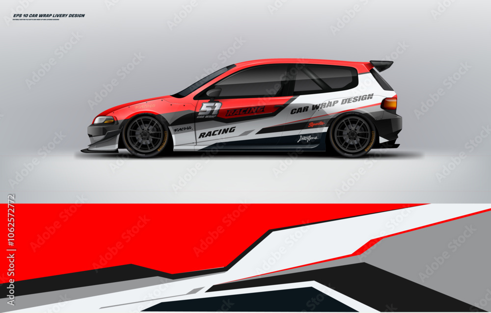 Car branding mockup with racing wrap decal or livery design, Hatchback wrap design with red black color and background. Hatchback and sedan vector ready print printable file Car branding mockup with racing wrap decal or livery design, Hatchback wrap design with red black color and background. Hatchback and sedan vector ready print printable file