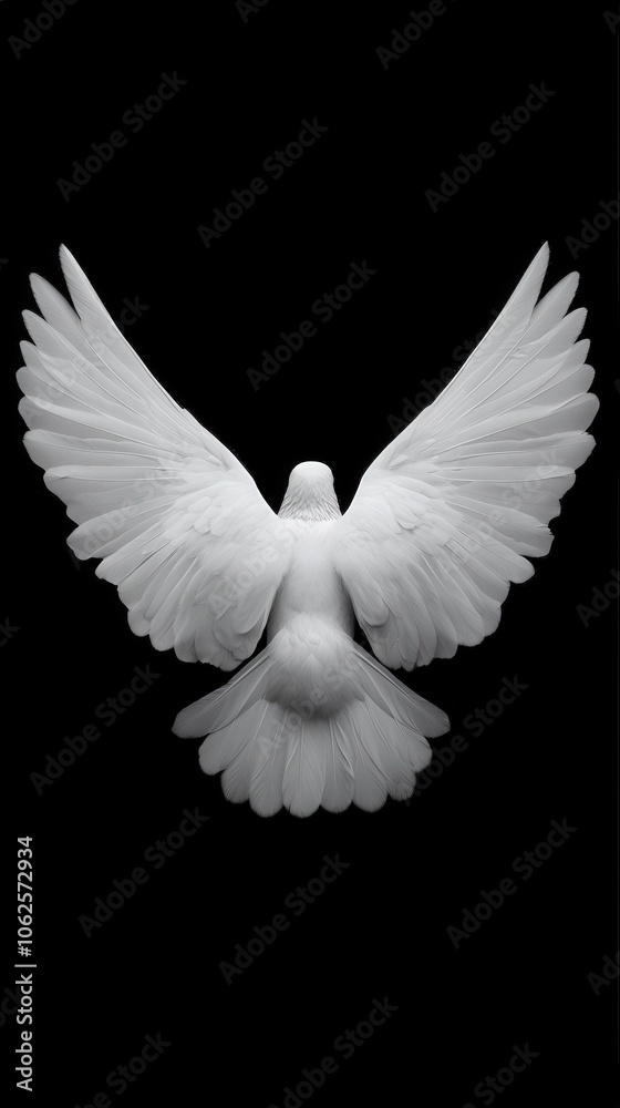 White Dove with Spread Wings Isolated on Black Background   Symbol of Peace  Hope  and Fre