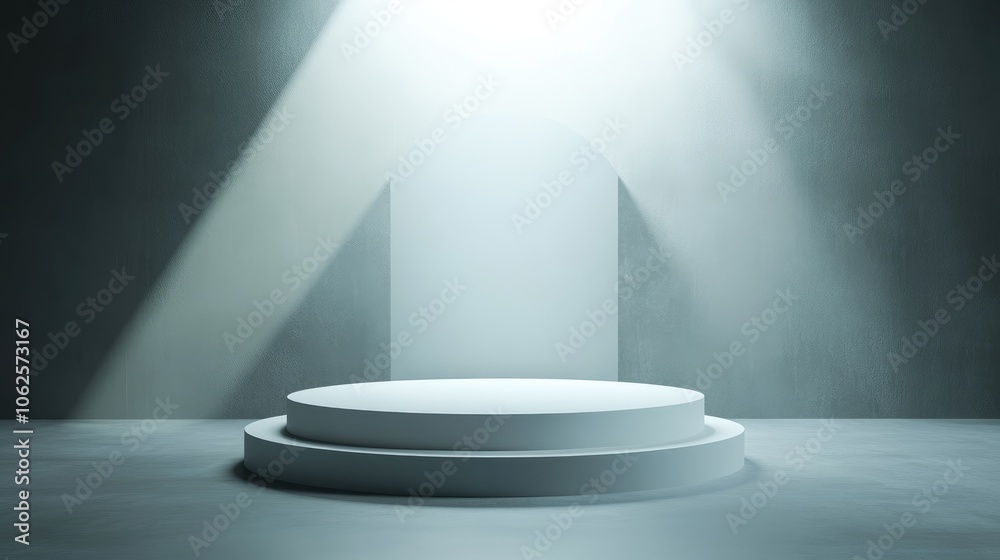 Fototapeta premium A Two-Tiered White Pedestal Against a Textured Gray Wall