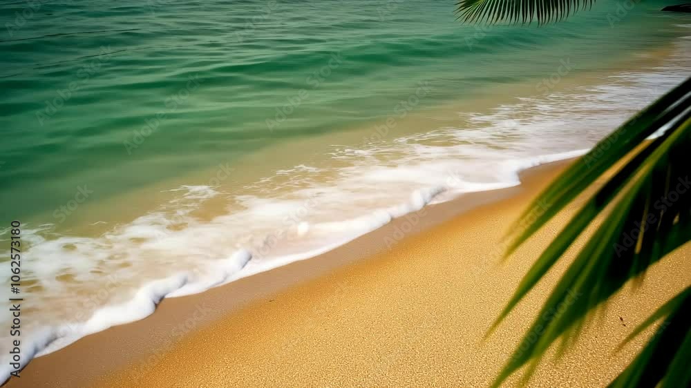 A close-up of a sandy beach with white waves lapping at the shore and a palm frond in the foreground A close-up of a sandy beach with white waves lapping at the shore and a palm frond in the foreground