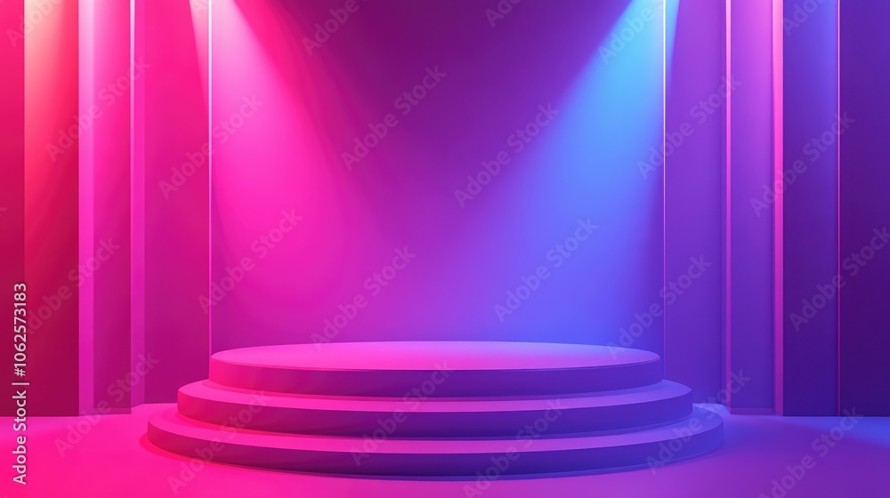 Three-Tiered Circular Platform in a Pink and Blue Neon Lit Room