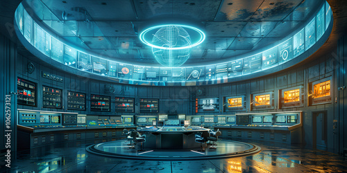 High-Tech Control Room with Holographic Display and Monitors