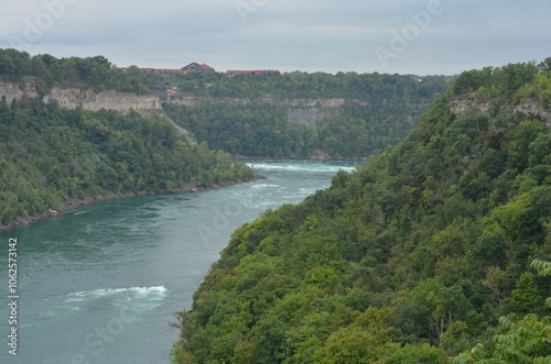 Stunning aerial view of canyon by Niagara Falls, Niagara River in Canada and New York. American Side, Canadian Side. Gorgeous nature, one of the seven wonders. 