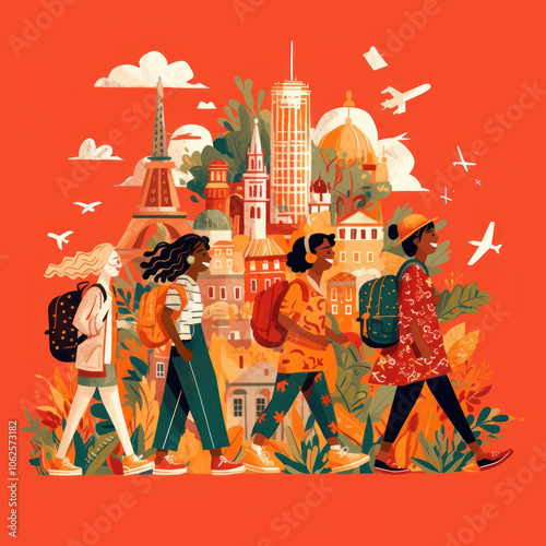 Colorful Illustration of Women Traveling to Different Landmarks Around the World