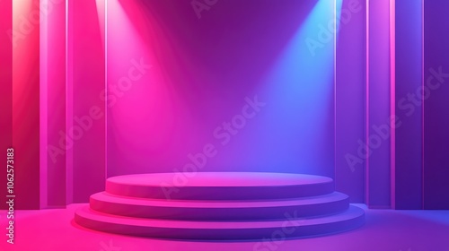 Three-Tiered Circular Platform in a Pink and Blue Neon Lit Room