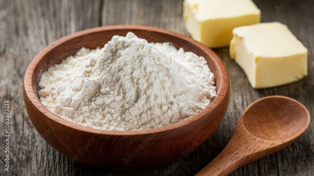 Two bowls of flour with butter on rustic wooden kitchen surface Two bowls of flour with butter on rustic wooden kitchen surface