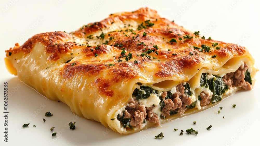 Cannelloni Pasta with Ricotta, Minced Beef, Spinach Isolated on White Background Cannelloni Pasta with Ricotta, Minced Beef, Spinach Isolated on White Background