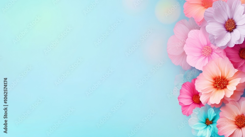 Fototapeta premium Colorful flowers against a soft blue background, fresh and vibrant.