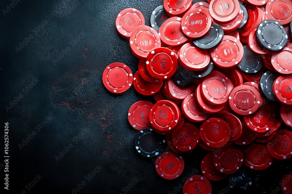 Colorful poker chips stacked on a dark background, ready for gaming. Colorful poker chips stacked on a dark background, ready for gaming.