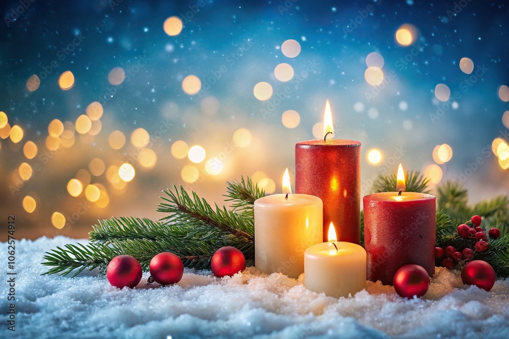 Wide-angle christmas candles on snow background Wide-angle christmas candles on snow background