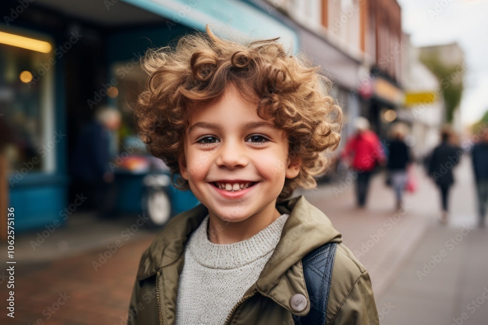 Portrait of a cute little boy with curly hair on the street
