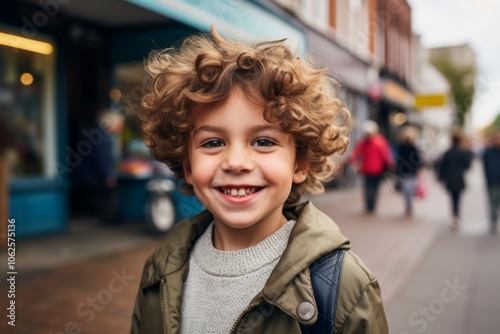 Portrait of a cute little boy with curly hair on the street